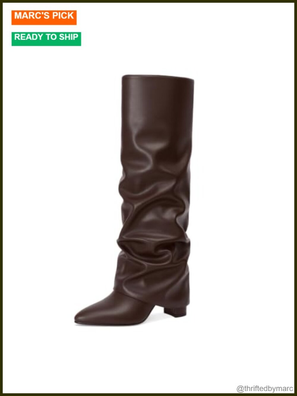 Knee High Boots Women PU Leather Chunky Heel Fold Over Pointed Toe